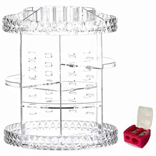 ISCEN Organizador Maquillaje Giratorio 360 Grados + Sacapuntas. Clasificador para Guardar Todo Tipo de cosméticos, brochas, perfumes y pintalabios. Es Ajustable y Trasparente.