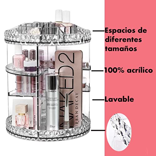 ISCEN Organizador Maquillaje Giratorio 360 Grados + Sacapuntas. Clasificador para Guardar Todo Tipo de cosméticos, brochas, perfumes y pintalabios. Es Ajustable y Trasparente.