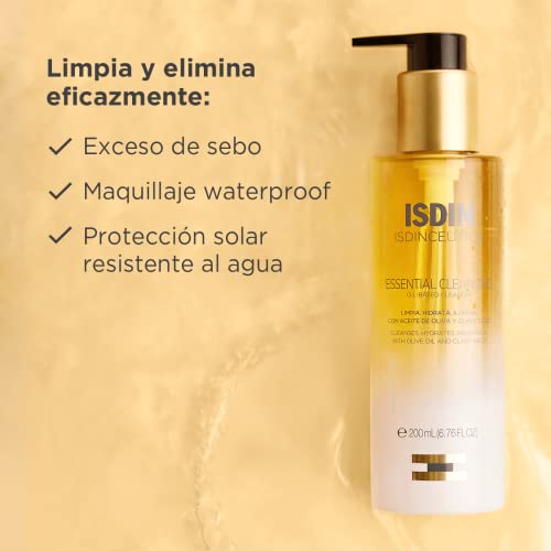 Isdinceutics Essential Cleansing, Aceite Limpiador Facial Suave Y Ligero De Textura Oil-to-milk Con 85% De Ingredientes De Origen Natural, 200 Mililitro