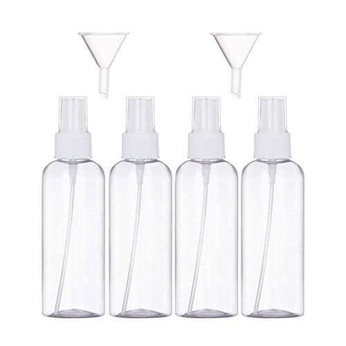 JamHooDirect - Juego de 4 atomizadores de viaje de plástico de 100 ml con 2 embudos y 12 etiquetas - botellas transparentes recargables y reutilizables para maquillaje cosmético