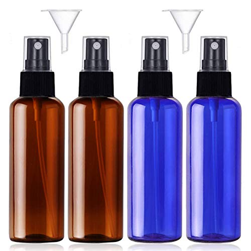 JamHooDirect - Juego de 4 atomizadores de viaje de plástico de 100 ml con 2 embudos y 12 pegatinas, botellas recargables y reutilizables para maquillaje cosmético