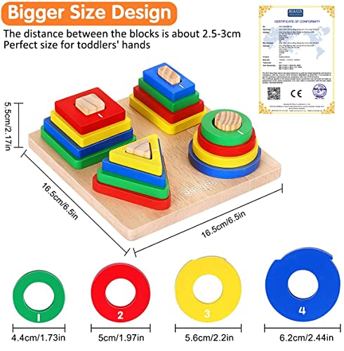 Japace Juguetes Educativos del para niños de geométricas Tablero Madera Formas Grueso Bloques Tablero apilar y clasificar Cumpleaños para Niños Niñas Bebés 2 3 4+ Años