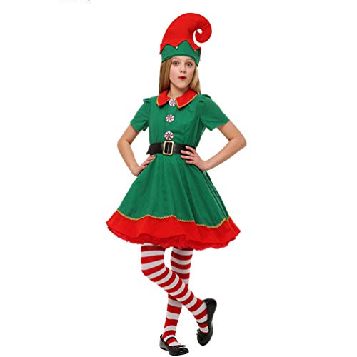 JEELINBORE Disfraz de Elfo, Unisexo Adultos Niños Disfraz de Duende de Navidad Halloween Cosplay Fancy Dress Xmas con Sombreros (Femenino, 100)