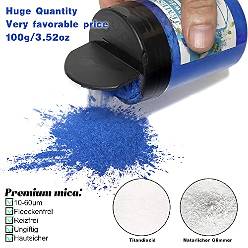 JEMESI 100g Pigmentos para Resina Epoxi, Pigmento polvo de Mica de Metálico Natural, Colorante Jabon, para Bombas de Baño,Slime, Maquillaje, Arte Uñas, Pintura -- Azul