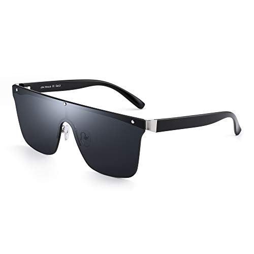 JIM HALO Sin Marco Montura Proteger Gafas de Sol Una Pieza Plano Top Espejo Anteojos Hombre Mujer(Marco Plateado/Lente Gris)