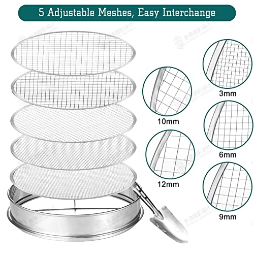 johgee Tamiz de jardín 5 en 1 fabricado en acero inoxidable, tamiz resistente a la intemperie, con 5 insertos de tamiz intercambiables Ø 3.6.9.10.12 mm + pala de mano de 26 cm de largo para tierra