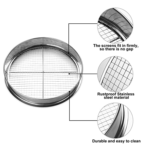 johgee Tamiz de jardín 5 en 1 fabricado en acero inoxidable, tamiz resistente a la intemperie, con 5 insertos de tamiz intercambiables Ø 3.6.9.10.12 mm + pala de mano de 26 cm de largo para tierra