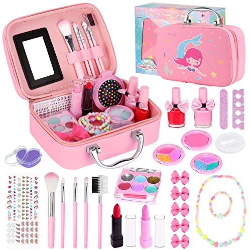 Joyhoop Kit Maquillaje para Niñas 27pcs Tocador de Maquillaje Niñas Cosméticos Lavables Maletin Maquillaje Niñas Regalo de Princesa para Niñas en Fiesta Cumpleaños y Juguetes de Maquillaje