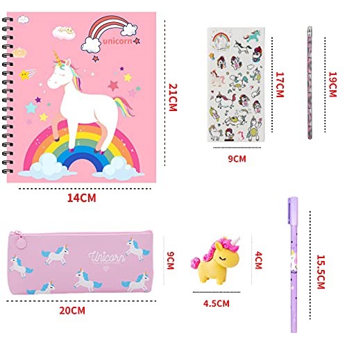 Juego de 33 artículos de papelería para unicornio, juego de regalo para niña, unicornio, bolígrafos y lápices y bolsa de papelería y estuche y unicornio, cuaderno y juego adhesivo de unicornio.