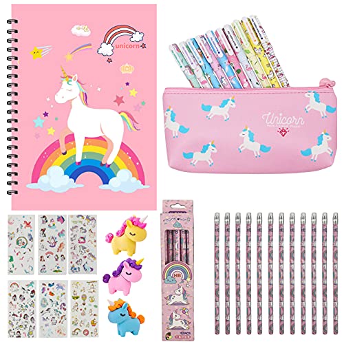 Juego de 33 artículos de papelería para unicornio, juego de regalo para niña, unicornio, bolígrafos y lápices y bolsa de papelería y estuche y unicornio, cuaderno y juego adhesivo de unicornio.