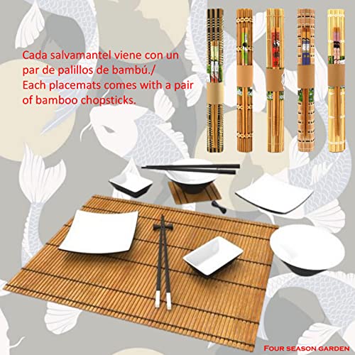 Juego de 4 Salvamanteles Individuales con Palillos Japoneses de Bambú Natural Resistentes al Calor Lavables y Antideslizantes (Color E)