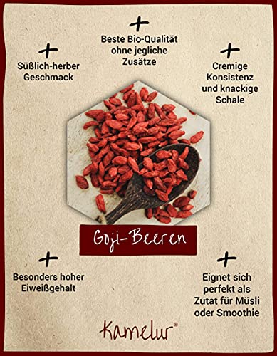 Kamelur Bayas de Goji ORGÁNICAS secas sin aditivos, secadas al sol de cultivo orgánico certificado sin endulzar ni azufrar como bocadillo o como complemento de un delicioso 1 kg (Paquete de 1)