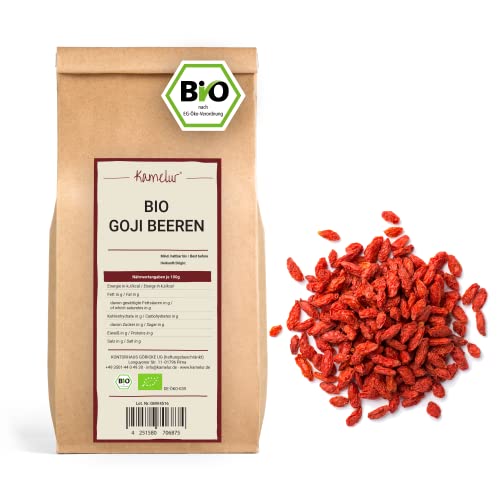 Kamelur Bayas de Goji ORGÁNICAS secas sin aditivos, secadas al sol de cultivo orgánico certificado sin endulzar ni azufrar como bocadillo o como complemento de un delicioso 1 kg (Paquete de 1)