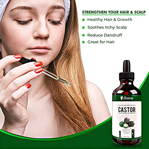 Kanzy Aceite de Ricino para Pestañas y Cejas 100ml Aceite de Ricino Puro para Cabello, Barba, Uñas, Cuerpo y el Rostro Prensado en Frío, Ideal Aceite Pelo Crecimiento Cabello Castor Oil con Cepillos