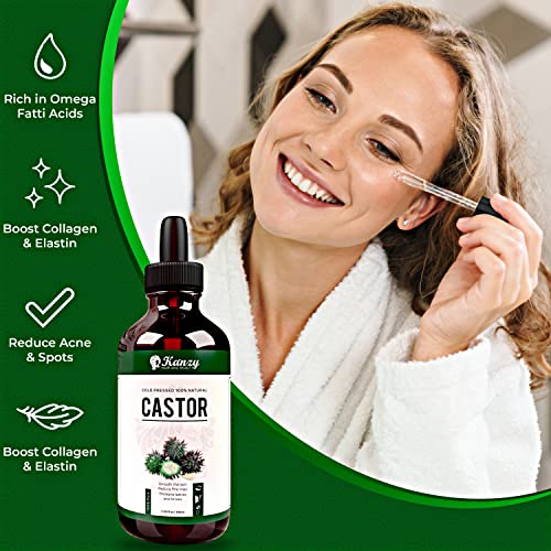 Kanzy Aceite de Ricino para Pestañas y Cejas 100ml Aceite de Ricino Puro para Cabello, Barba, Uñas, Cuerpo y el Rostro Prensado en Frío, Ideal Aceite Pelo Crecimiento Cabello Castor Oil con Cepillos