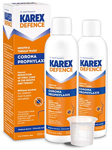 KAREX Defense Enjuague Bucal Antiviral 2x 300ml | Colutorio Antibacteriano Contra Virus | Enjuague Bucal Desinfectante Antibacteriano Sin Alcohol | Solución para Gárgaras Desinfección Bucal Antiviral