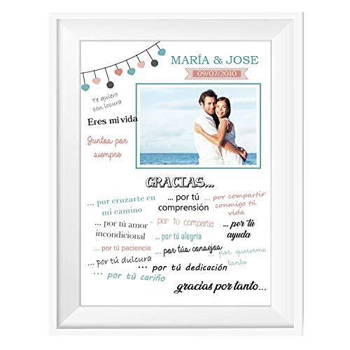 Kembilove Lamina Personalizada con Marco para Pareja - Regalo Original Eres mi Vida para Parejas, Enamorados para Novios y Novias - Lamina con Nombre y Datos para Parejas Medida 15 x 20 cm