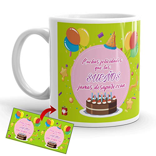 Kembilove Tazas de Desayuno de Cumpleaños – Taza con Mensaje Muchas Felicidades Que Tus Sueños jamás desaparezcan – Tazas de Café y Té Ideal para Regalar a Amigos – Taza de cerámica de 350 ml