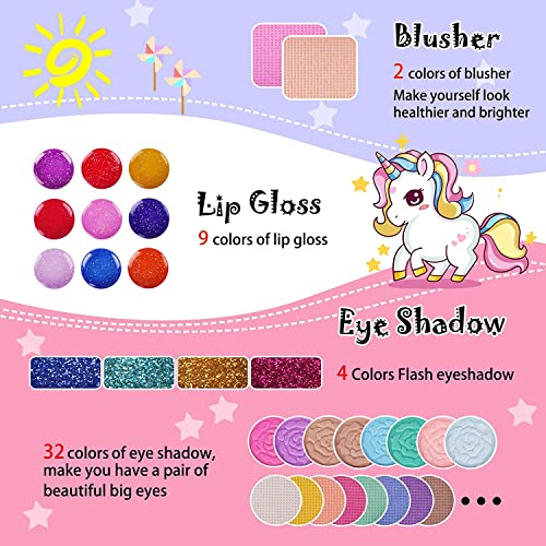 KIDCHEER 47 Kit Maquillaje Niña, Juguete de Maquillaje Lavable Cosmético Real con Pinceles, Espejos y Pegatinas de Gemas para Regalos de Cumpleaños de Niños de 3 4 5 6 7 8 9 10 Años