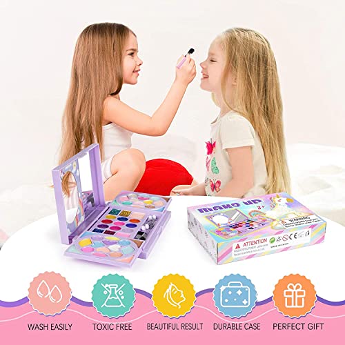 KIDCHEER 47 Kit Maquillaje Niña, Juguete de Maquillaje Lavable Cosmético Real con Pinceles, Espejos y Pegatinas de Gemas para Regalos de Cumpleaños de Niños de 3 4 5 6 7 8 9 10 Años