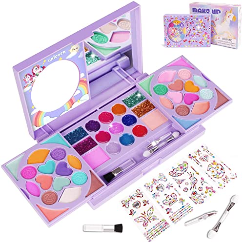 KIDCHEER 47 Kit Maquillaje Niña, Juguete de Maquillaje Lavable Cosmético Real con Pinceles, Espejos y Pegatinas de Gemas para Regalos de Cumpleaños de Niños de 3 4 5 6 7 8 9 10 Años