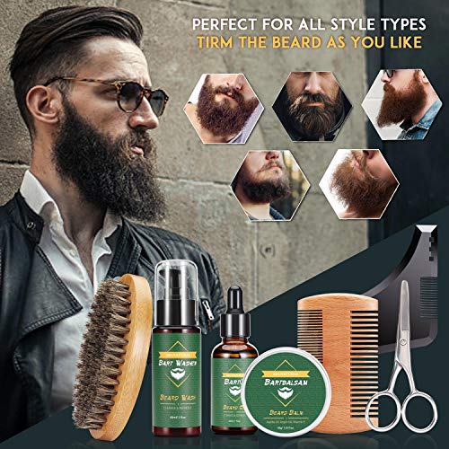 Kit Barba Cuidado para Hombres con Champú, Bálsamo, Aceite de Barba, Cepillo, Tijeras, Peine, Guía de Cuidado Barba