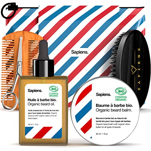 Kit de Cuidado para Barba Hombre Sapiens BarberShop - Aceite Barba y Bálsamo Barba Orgánico y 100% Natural - Certificado Cosmos Organic/ECOCERT - Peine Barba, Cepillo Barba, Tijeras, Estuche