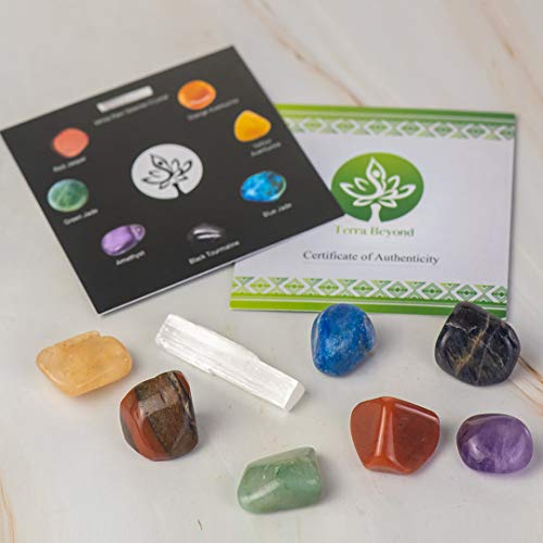 Kit de Piedras Curativas de Chakras Naturales - Juego de Curación de 1 cristal de Selenita y 7 Piedras Caídas para Meditación, Equilibrio de Chakras y Terapia con Cristales | Juego de 8