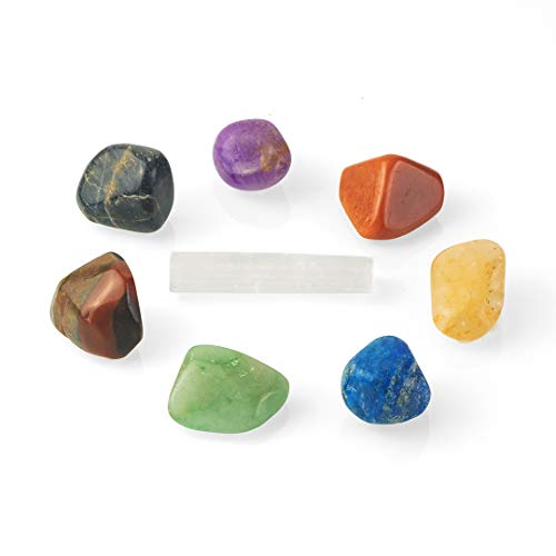 Kit de Piedras Curativas de Chakras Naturales - Juego de Curación de 1 cristal de Selenita y 7 Piedras Caídas para Meditación, Equilibrio de Chakras y Terapia con Cristales | Juego de 8