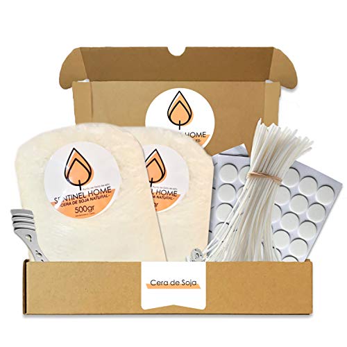 kit para fabricar velas de soja naturales (Cera de soja natural 1KG), 50 Mechas sin humo, 60 Pegatinas de doble cara, 1 Centrador inoxidable para mejorar la rigidez.