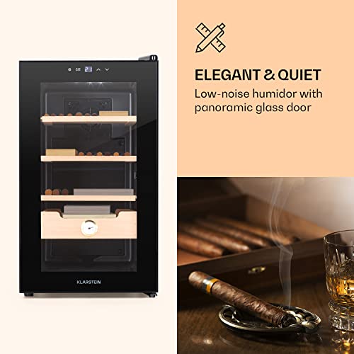 KLARSTEIN El Presidente humidor de Puros - humidificador de Puros termoeléctrico, Puerta de Cristal, estantes de Madera de Cedro, higrómetro, luz Interior LED, 48 litros, Negro