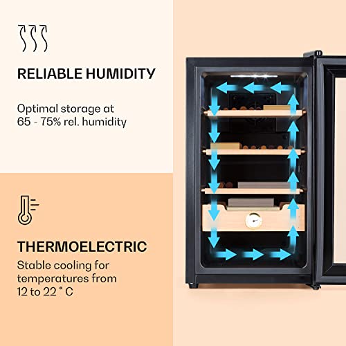 KLARSTEIN El Presidente humidor de Puros - humidificador de Puros termoeléctrico, Puerta de Cristal, estantes de Madera de Cedro, higrómetro, luz Interior LED, 48 litros, Negro