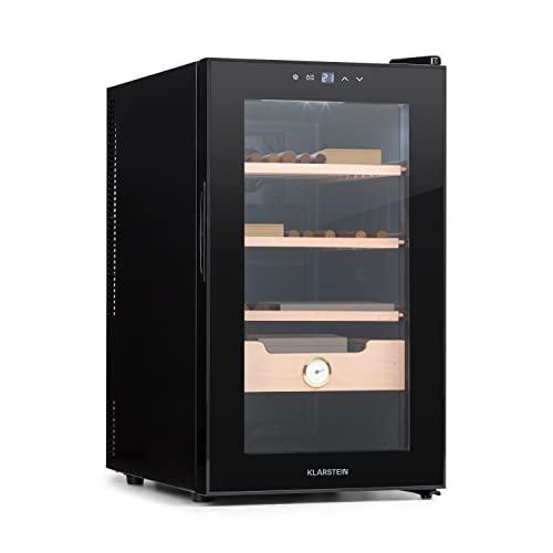 KLARSTEIN El Presidente humidor de Puros - humidificador de Puros termoeléctrico, Puerta de Cristal, estantes de Madera de Cedro, higrómetro, luz Interior LED, 48 litros, Negro