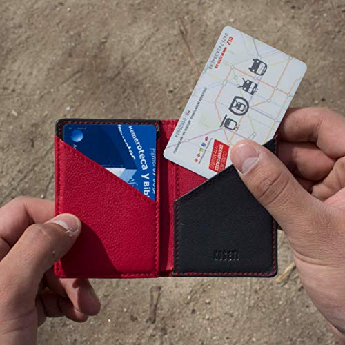 KOSETI - Cartera Hombre Roja Minimalista | Tarjetero, Billetero, Monedero Secreto | Fabricada en España | Piel de Vacuno Autentica | Premium | 9 Tarjetas | Protección RFID y NFC