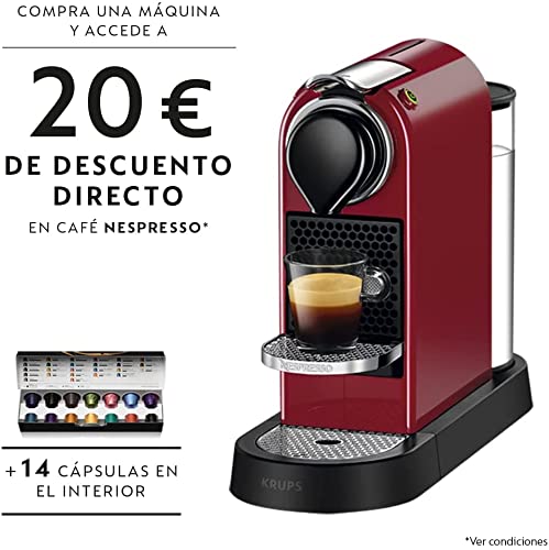 Krups Nespresso Citiz XN7415 - Cafetera de cápsulas monodosis, con 19 bares de presión, thermoblock, función automática con botones retroiluminados, color Rojo, 14 cápsulas