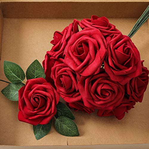 Ksnnrsng Flores Rosas Artificiales Espuma Rosa Falsa para Manualidades, Ramos de Novia, centros de Mesa, Despedidas de Soltera y Decoración del Hogar (25 Piezas, Vino Rojo)