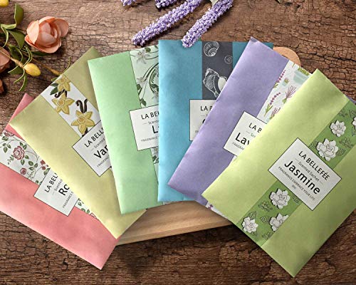 LA BELLEFÉE Bolsitas perfumadas lavanda, rosa, océano, vainilla, jazmín, flor de lirio para perfumar cajones gabinetes zapatero baños huele bien a automóvil (6 bolsitas)