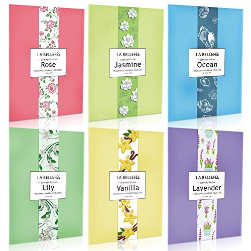 LA BELLEFÉE Bolsitas perfumadas lavanda, rosa, océano, vainilla, jazmín, flor de lirio para perfumar cajones gabinetes zapatero baños huele bien a automóvil (6 bolsitas)