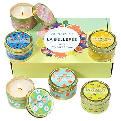 LA BELLEFÉE Velas Perfumadas Cera de Soja Arománticas Decorativas Aromas Ceras Regalos 6 Aromas de Frutas Aromáticas Aromaterapia Aroma Interior Regalo para Cumpleaños Baño Yoga Vaso