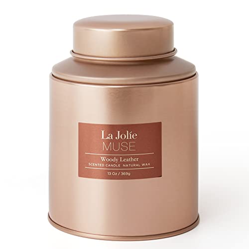 La Jolíe Muse Vela aromatica - Vela perfumada de Cuero amaderado, Vela aromatica Grande, Vela Decorativa, Regalos para casa, 100 Horas, 369g