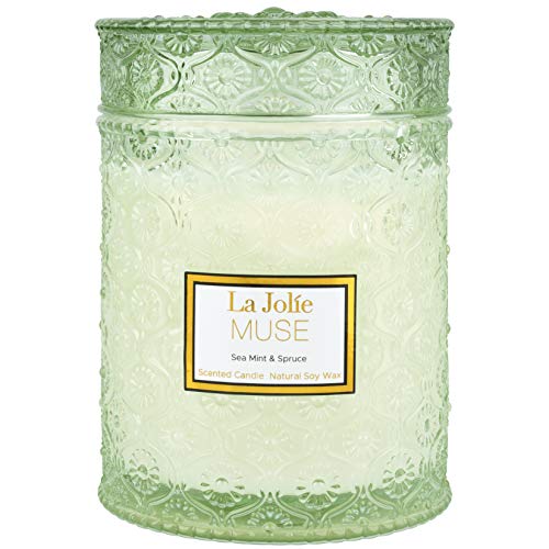 La Jolíe Muse Vela aromatica - Vela perfumada de Menta Marina y Abeto, Vela Tarro Cristal, Vela Menta, Velas aromaticas para Regalo, Vela aromatica Grande, 90 Horas, 550g