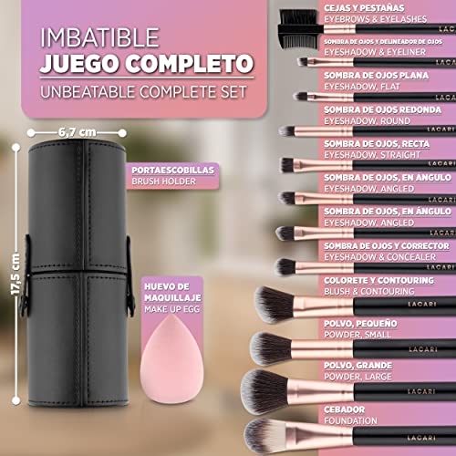 LACARI Brush Set Makeup | Set de pinceles de maquillaje de [12] pinceles | Pelo humano aglutinado | Suave como el terciopelo | Set de pinceles de maquillaje con limpiador de pinceles y maquillaje