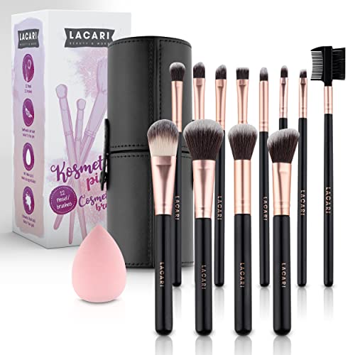 LACARI Brush Set Makeup | Set de pinceles de maquillaje de [12] pinceles | Pelo humano aglutinado | Suave como el terciopelo | Set de pinceles de maquillaje con limpiador de pinceles y maquillaje