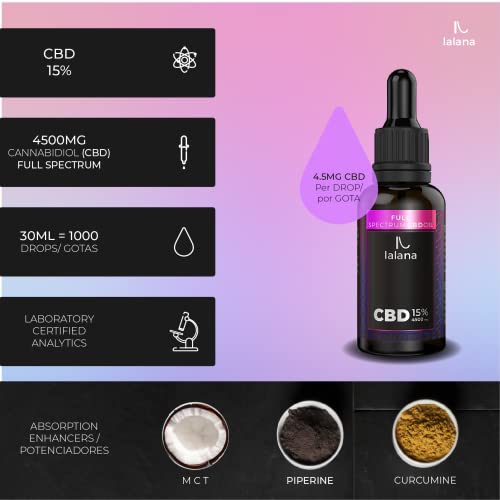 LALANA CBD Oil - Full spectrum Aceite CBD 15% | 30ml | 4500 mg CBD espectro completo | Fórmula mejorada - Base de Aceite MCT (coco), curcumina y piperina