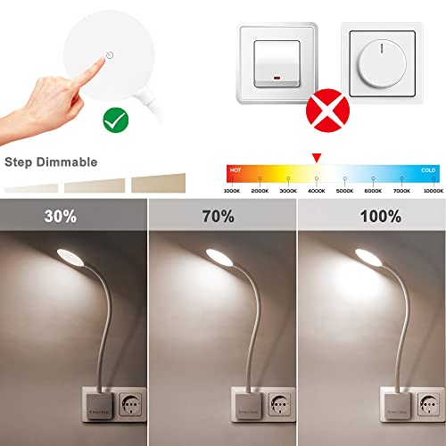 Lampara de Lectura Pared de LED Flexible Regulable Blanco con Enchufe y Interruptor Tactil 4W Brillo Máximo 350Lm Luz Neutra 4000K sin Funcion de Control Remoto Lot de 1 de Enuotek