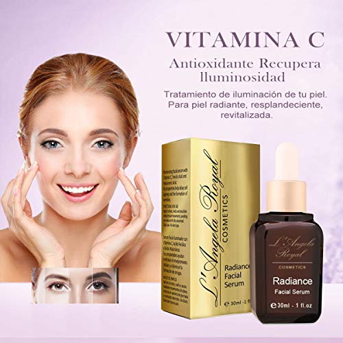 L'Angela Royal SERUM RADIANCE, Serum Facial Iluminador, Vitamina C, Ácido Ferúlico, Ácido Hialurónico, Piel Luminosa, Reductor de Arrugas, Tratamiento Facial, Para la Cara, Cuello y Escote, 30ml