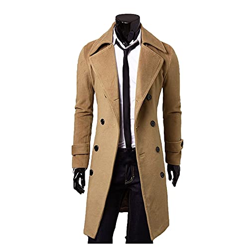 LAOSU Trench Coat para hombre largo de invierno cálido abrigo de lana bonito ceñido color liso talla grande chaqueta de forro polar cuello reverso estilo casual para cortavientos 03-caqui XL