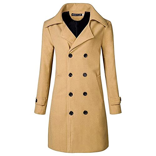 LAOSU Trench Coat para hombre largo de invierno cálido abrigo de lana bonito ceñido color liso talla grande chaqueta de forro polar cuello reverso estilo casual para cortavientos 03-caqui XL