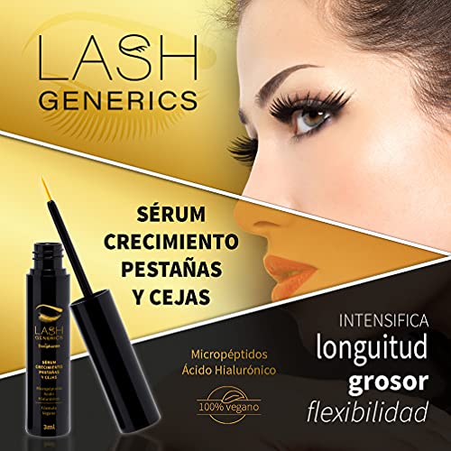 LASH GENERICS - Revolucionario Tratamiento Crecimiento Pestañas y Cejas 3 ml - Único con micropéptidos y ácido hialurónico - *Mejor producto para pestañas 2021* - Resultados en 2 semanas.