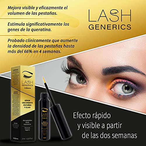 LASH GENERICS - Revolucionario Tratamiento Crecimiento Pestañas y Cejas 3 ml - Único con micropéptidos y ácido hialurónico - *Mejor producto para pestañas 2021* - Resultados en 2 semanas.